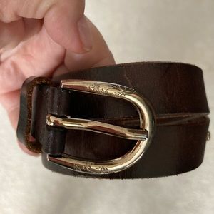 Yargici Brand Leather Belt, Floral Design on the Gold Tone Buckle